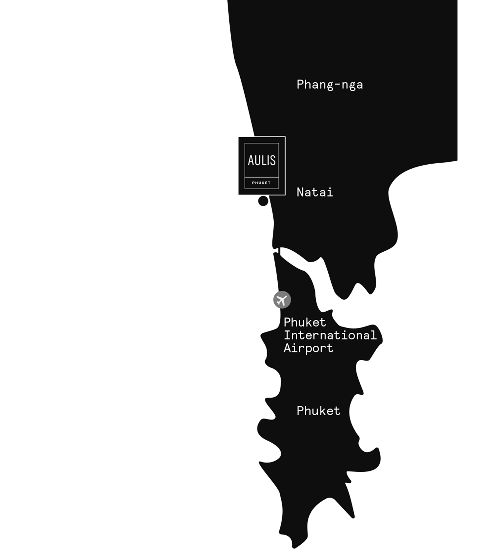 Basic outline of map of Phuket and Phang Nga area showing where Aulis Phuket is located